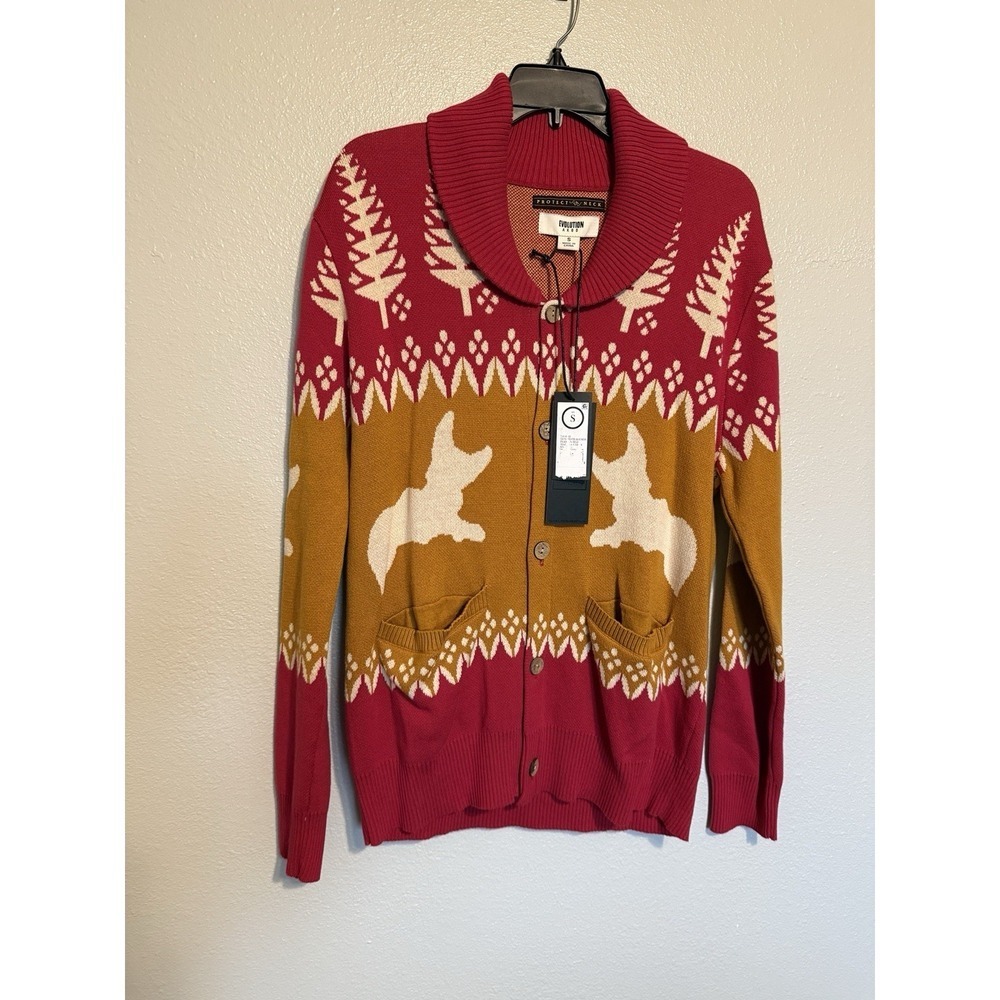 Akoo Cardigan Holiday Sweater Fox Logo Men's‎ Red White Knit Button Up Small